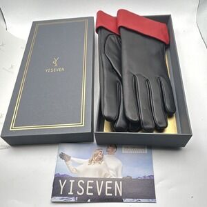 YISEVEN Women's Leather Wrist Gloves Black with Red Cuffs Solid Size S